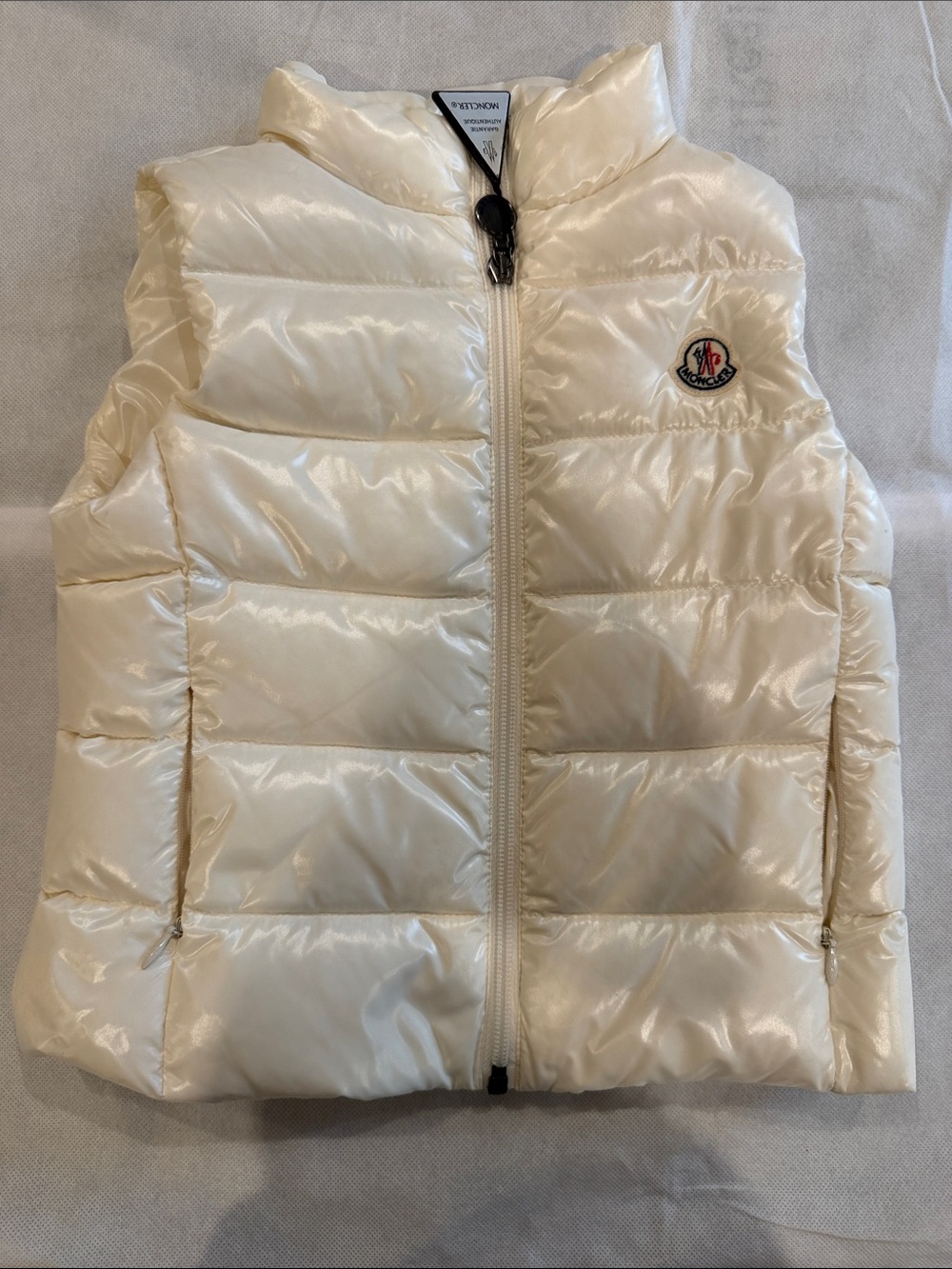 Moncler Shiny Cream Quilted Puffer Vest with Logo Patch